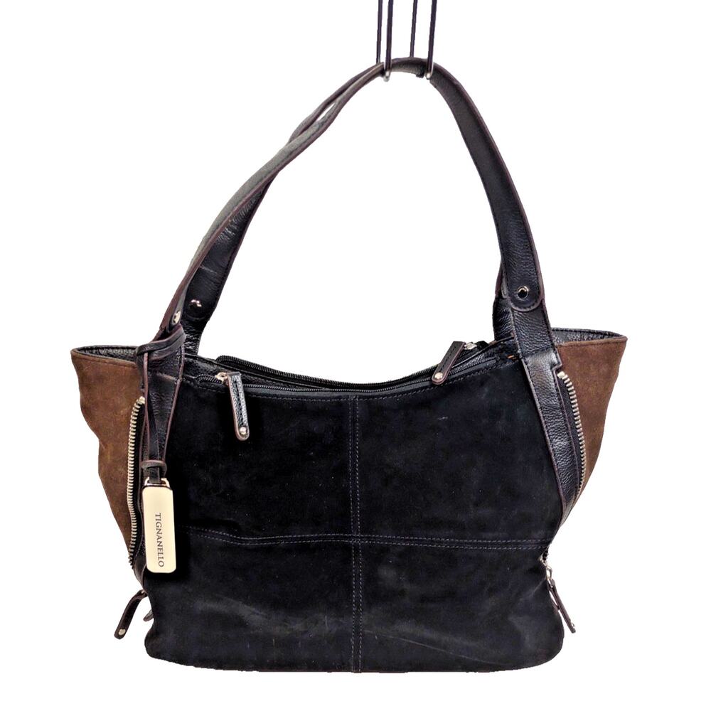TIGNANELLO Black & Brown Suede/Leather Expandable Hobo Shoulder Bag Handbag - Picture 2 of 13
